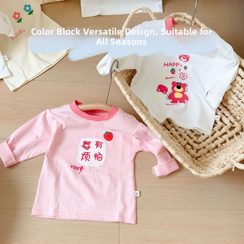 Bērnu garās piedurknes T-krekls, 100% kokvilna, karikatūras raksts, mīksta apdare, apaļš kakls, pavasaris–rudens