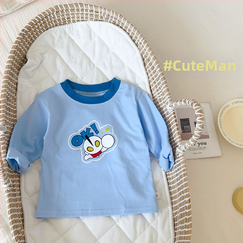 Bērnu garās piedurknes T-krekls, 100% kokvilna, karikatūras raksts, mīksta apdare, apaļš kakls, pavasaris–rudens