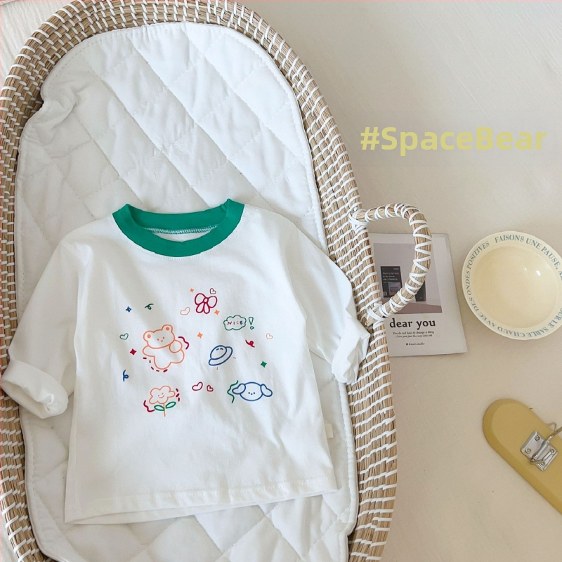 Bērnu garās piedurknes T-krekls, 100% kokvilna, karikatūras raksts, mīksta apdare, apaļš kakls, pavasaris–rudens