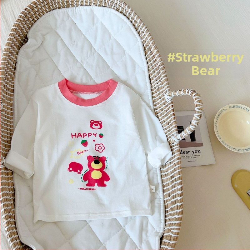 Bērnu garās piedurknes T-krekls, 100% kokvilna, karikatūras raksts, mīksta apdare, apaļš kakls, pavasaris–rudens