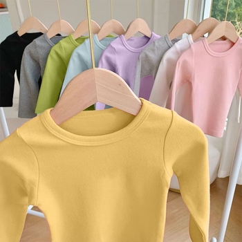 Bērnu garām piedurknēm T-krekls ar apaļu kaklu, enzīmu mazgāšana, trušu kažokādas audums, zīdaiņiem 0–1 gadi