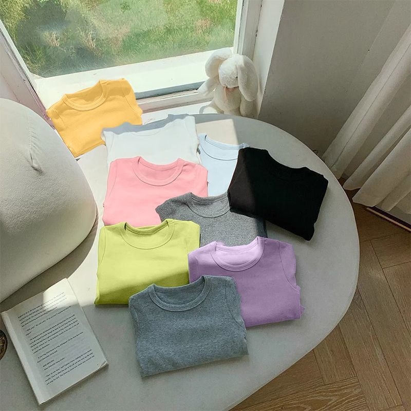 Bērnu garām piedurknēm T-krekls ar apaļu kaklu, enzīmu mazgāšana, trušu kažokādas audums, zīdaiņiem 0–1 gadi