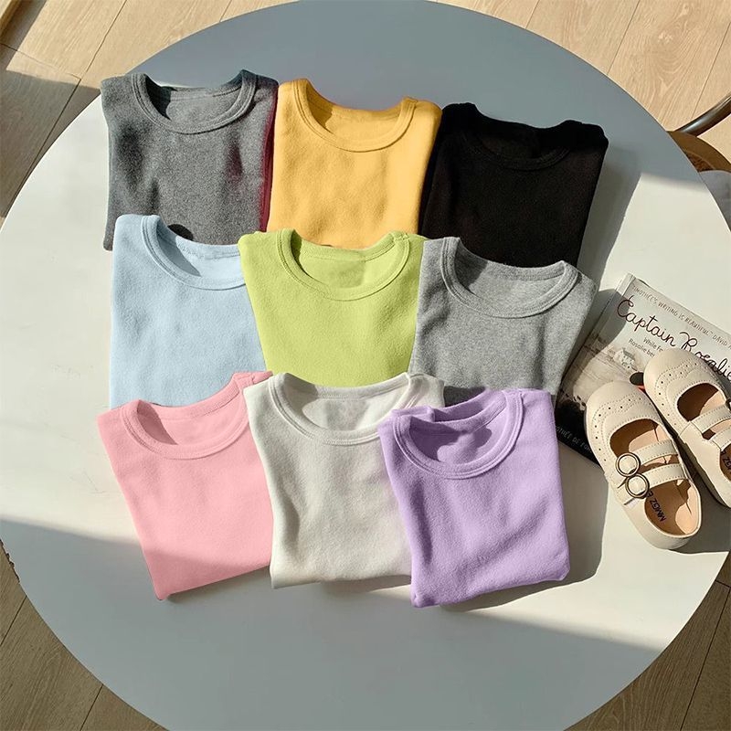 Bērnu garām piedurknēm T-krekls ar apaļu kaklu, enzīmu mazgāšana, trušu kažokādas audums, zīdaiņiem 0–1 gadi