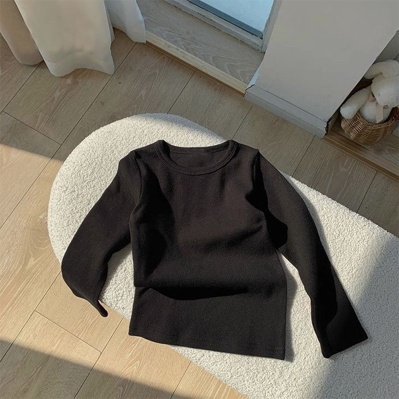 Bērnu garām piedurknēm T-krekls ar apaļu kaklu, enzīmu mazgāšana, trušu kažokādas audums, zīdaiņiem 0–1 gadi