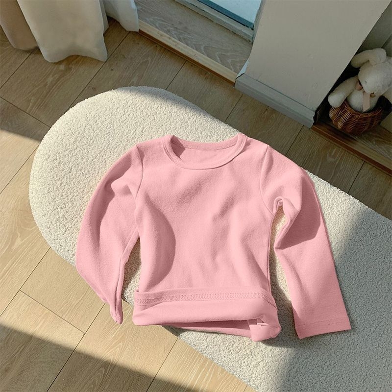 Bērnu garām piedurknēm T-krekls ar apaļu kaklu, enzīmu mazgāšana, trušu kažokādas audums, zīdaiņiem 0–1 gadi