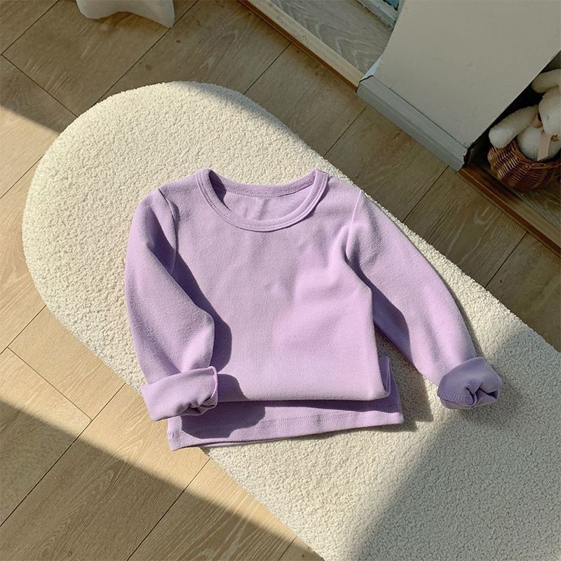 Bērnu garām piedurknēm T-krekls ar apaļu kaklu, enzīmu mazgāšana, trušu kažokādas audums, zīdaiņiem 0–1 gadi