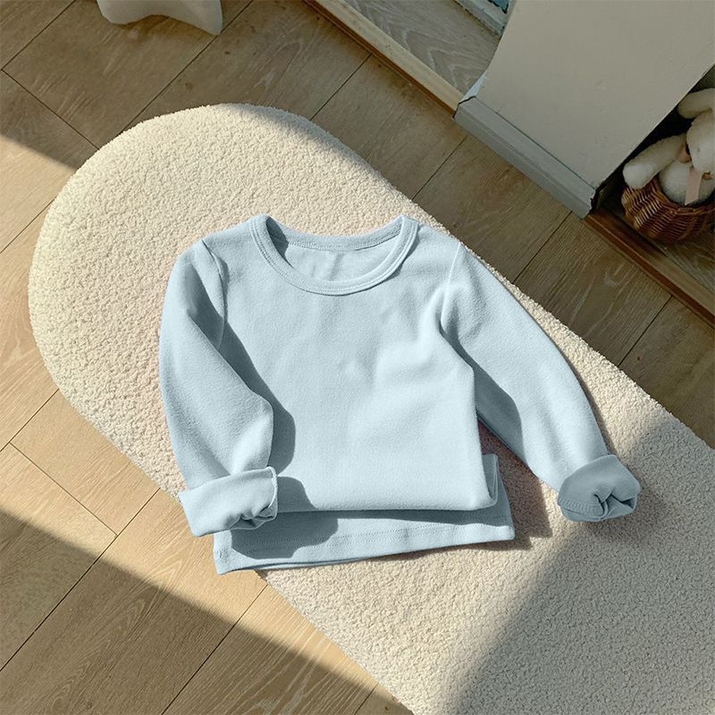 Bērnu garām piedurknēm T-krekls ar apaļu kaklu, enzīmu mazgāšana, trušu kažokādas audums, zīdaiņiem 0–1 gadi