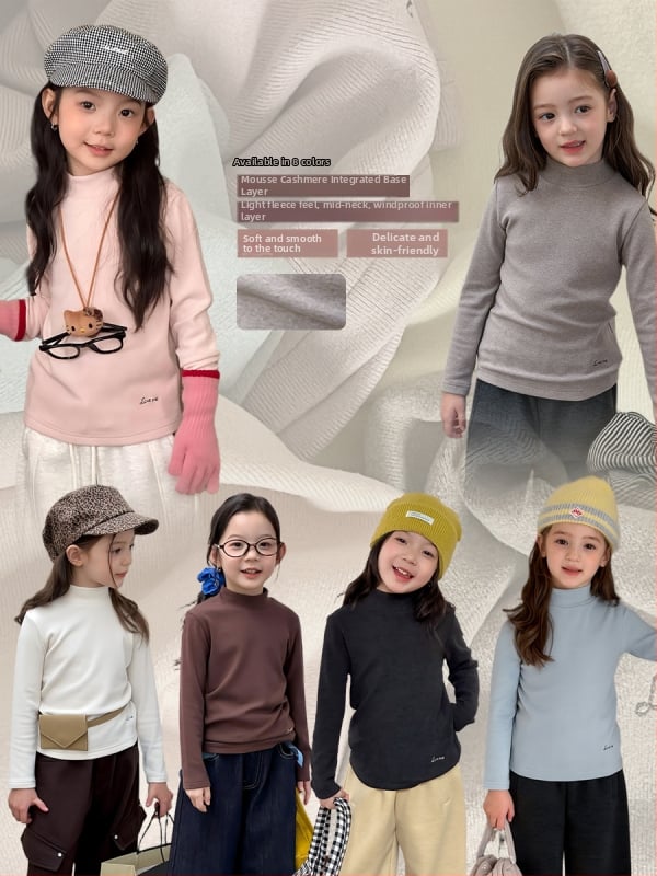 Meitenēm paredzēts pamata krekli ar daļēji augstu kaklu; mousse kašmīra audums; Korejas stila; garās piedurknes; vecuma diapazons 3–8 gadi