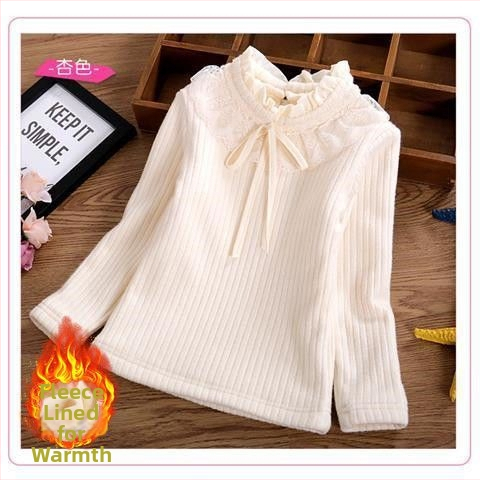 Bērnu adīts tops ar fleece iekšpusi un mežģīņu apkakli, garas piedurknes, apaļš kakla atvērums, 87% kokvilna