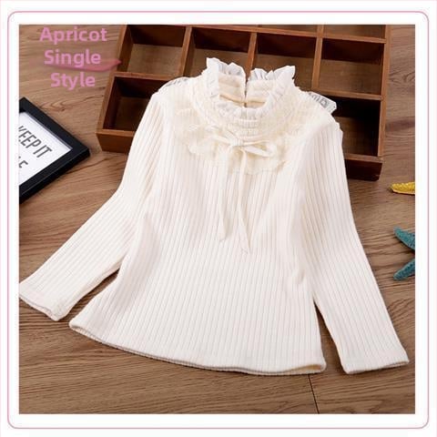 Bērnu adīts tops ar fleece iekšpusi un mežģīņu apkakli, garas piedurknes, apaļš kakla atvērums, 87% kokvilna