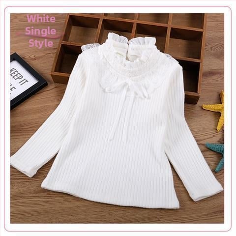 Bērnu adīts tops ar fleece iekšpusi un mežģīņu apkakli, garas piedurknes, apaļš kakla atvērums, 87% kokvilna