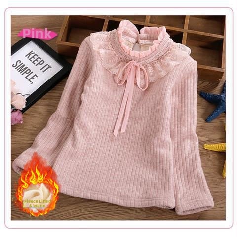 Bērnu adīts tops ar fleece iekšpusi un mežģīņu apkakli, garas piedurknes, apaļš kakla atvērums, 87% kokvilna