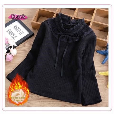 Bērnu adīts tops ar fleece iekšpusi un mežģīņu apkakli, garas piedurknes, apaļš kakla atvērums, 87% kokvilna