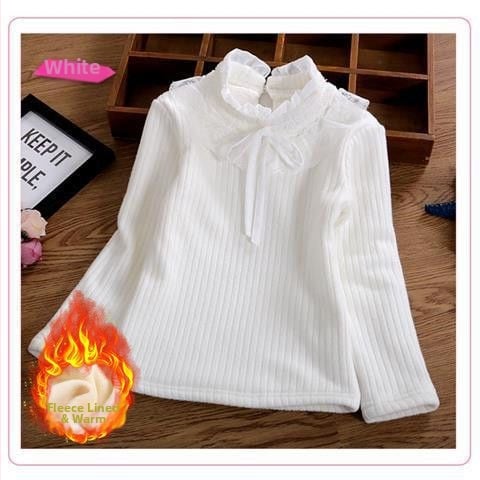 Bērnu adīts tops ar fleece iekšpusi un mežģīņu apkakli, garas piedurknes, apaļš kakla atvērums, 87% kokvilna