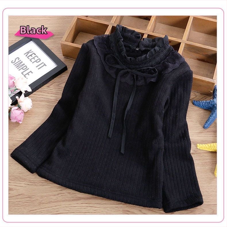 Bērnu adīts tops ar fleece iekšpusi un mežģīņu apkakli, garas piedurknes, apaļš kakla atvērums, 87% kokvilna