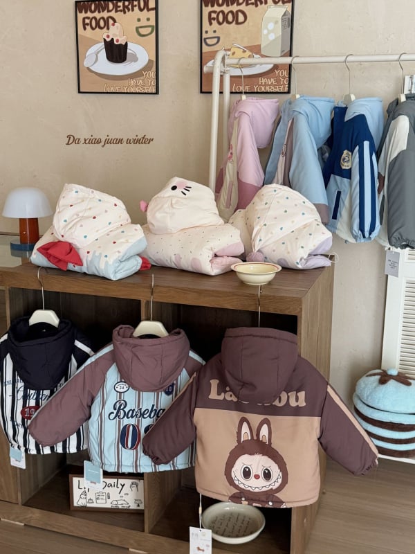 Bērnu ziemas jaka ar kapuci, korejiska stila, karikatūras raksts, bieza izolācija, ārējais materiāls 100% poliesters