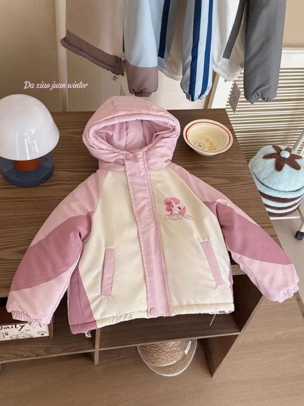 Bērnu ziemas jaka ar kapuci, korejiska stila, karikatūras raksts, bieza izolācija, ārējais materiāls 100% poliesters