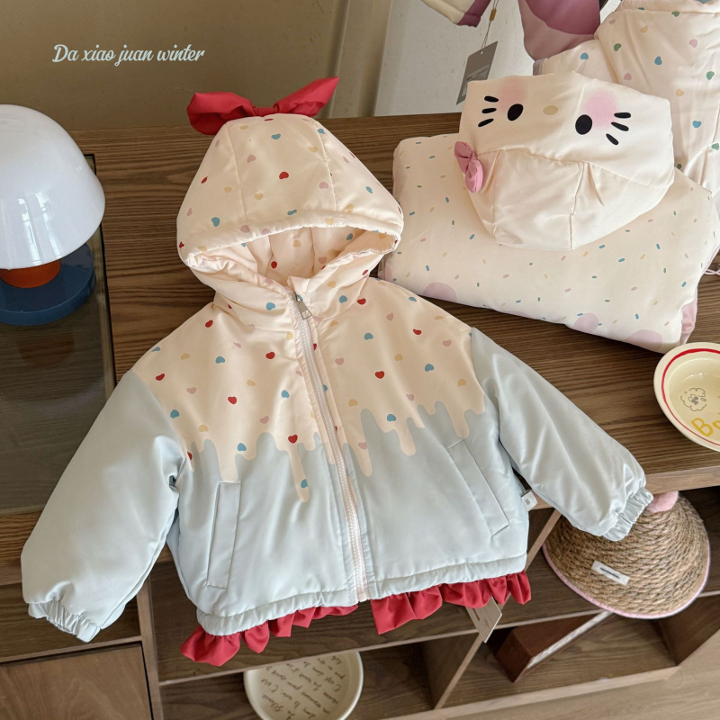 Bērnu ziemas jaka ar kapuci, korejiska stila, karikatūras raksts, bieza izolācija, ārējais materiāls 100% poliesters