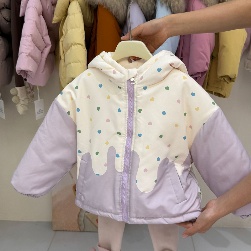Bērnu ziemas jaka ar kapuci, korejiska stila, karikatūras raksts, bieza izolācija, ārējais materiāls 100% poliesters