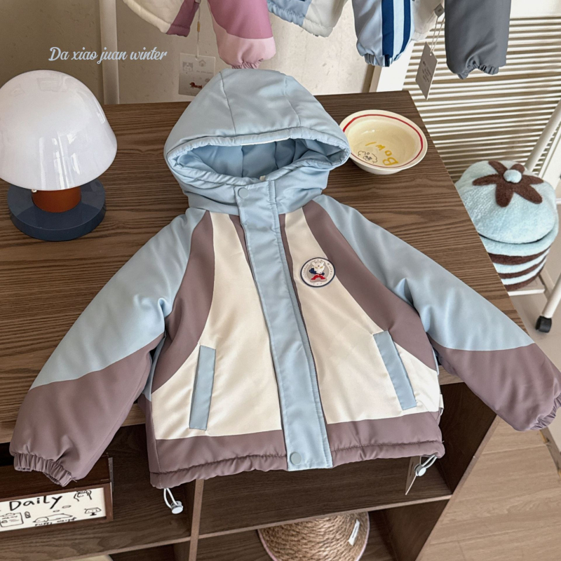 Bērnu ziemas jaka ar kapuci, korejiska stila, karikatūras raksts, bieza izolācija, ārējais materiāls 100% poliesters