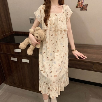Noćna haljina za žene - Otisak karikature šteneta, kvadratni ovratnik, srednja duljina, poliester (95–100%)