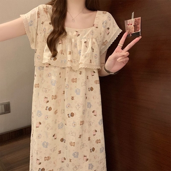 Noćna haljina za žene - Otisak karikature šteneta, kvadratni ovratnik, srednja duljina, poliester (95–100%)