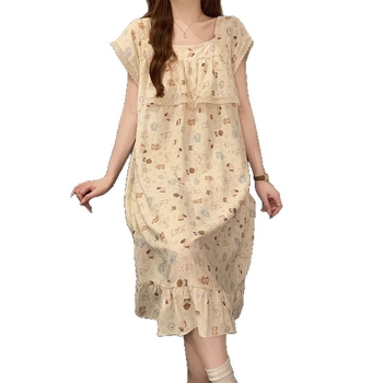 Noćna haljina za žene - Otisak karikature šteneta, kvadratni ovratnik, srednja duljina, poliester (95–100%)