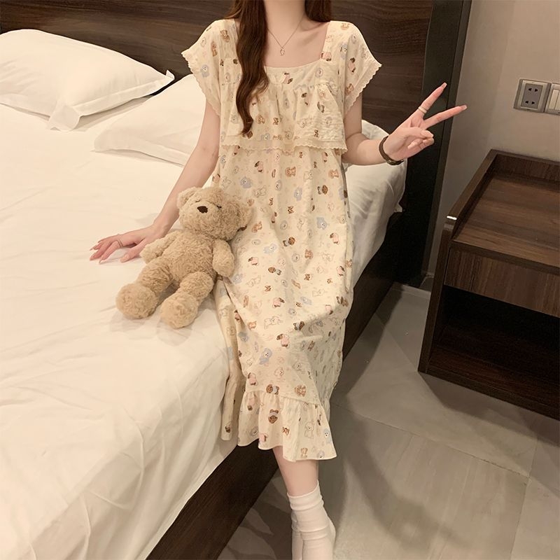 Noćna haljina za žene - Otisak karikature šteneta, kvadratni ovratnik, srednja duljina, poliester (95–100%)