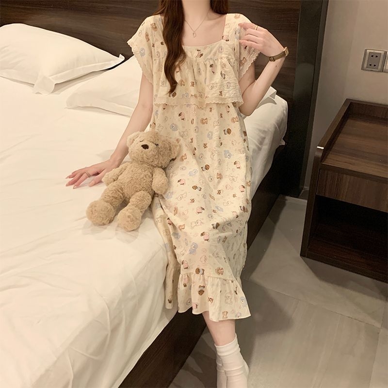 Noćna haljina za žene - Otisak karikature šteneta, kvadratni ovratnik, srednja duljina, poliester (95–100%)