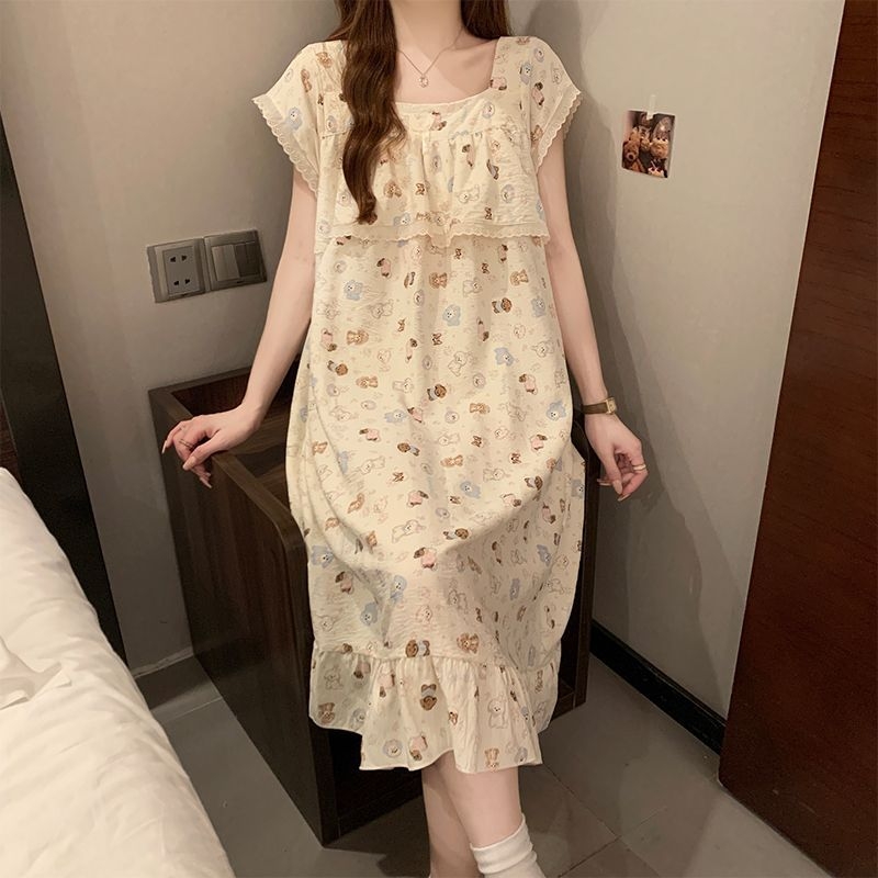 Noćna haljina za žene - Otisak karikature šteneta, kvadratni ovratnik, srednja duljina, poliester (95–100%)