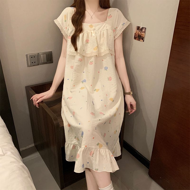 Noćna haljina za žene - Otisak karikature šteneta, kvadratni ovratnik, srednja duljina, poliester (95–100%)