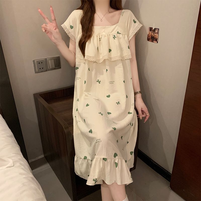 Noćna haljina za žene - Otisak karikature šteneta, kvadratni ovratnik, srednja duljina, poliester (95–100%)