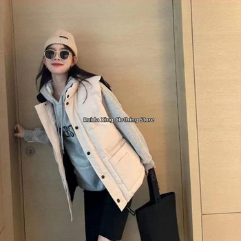 Дамска пухена жилетка с органичен памук и пух от бяла патица, свободна кройка, цип и стояща яка