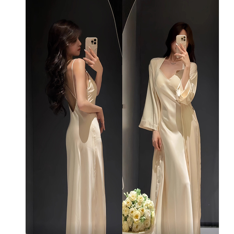 Ženski dvodijelni pižama set od Ice-Snow Silk – V-izrez, dugi rukavi, tan poliester, 101–120 g/m²