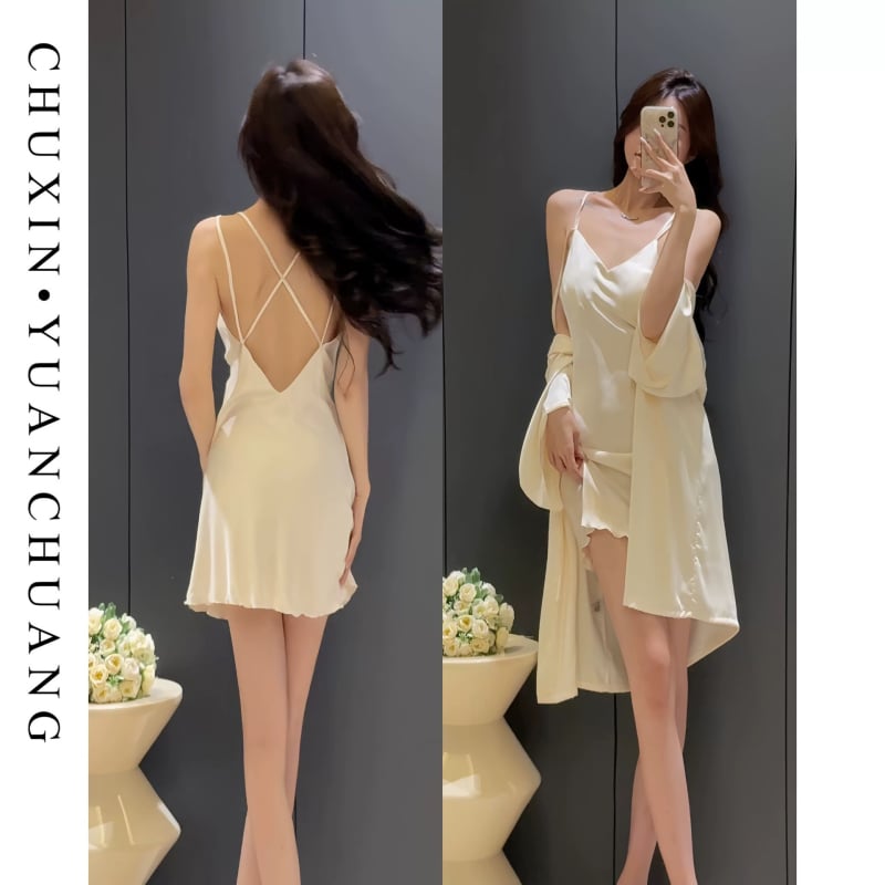 Ženski dvodijelni pižama set od Ice-Snow Silk – V-izrez, dugi rukavi, tan poliester, 101–120 g/m²