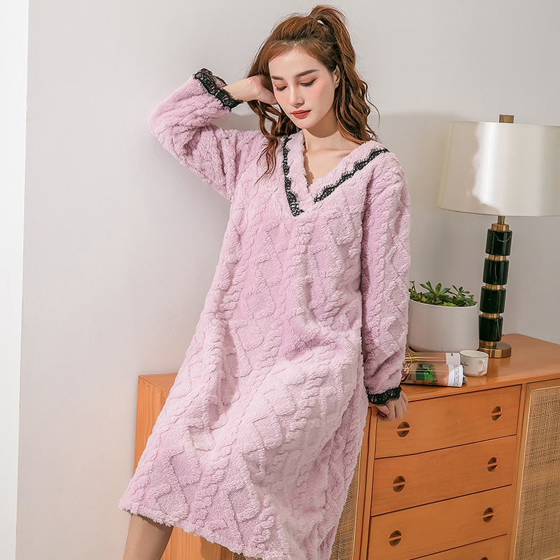 Ženska duga flanel haljina-pidžama, podstavljena, s dugim rukavima, topla za zimu