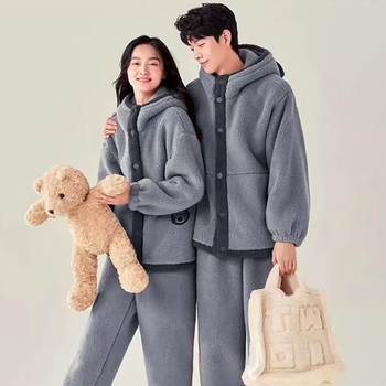 Ženske pidžame s kapuljom, fleece podstava, od elastičnog pamuka, ekstra debeli, dugi rukavi, zimska toplina