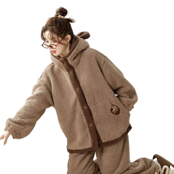 Ženske pidžame s kapuljom, fleece podstava, od elastičnog pamuka, ekstra debeli, dugi rukavi, zimska toplina
