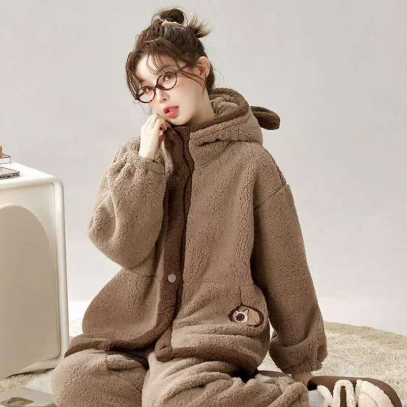 Ženske pidžame s kapuljom, fleece podstava, od elastičnog pamuka, ekstra debeli, dugi rukavi, zimska toplina