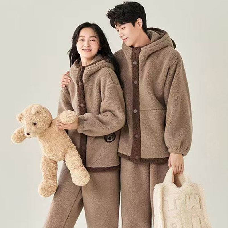 Ženske pidžame s kapuljom, fleece podstava, od elastičnog pamuka, ekstra debeli, dugi rukavi, zimska toplina