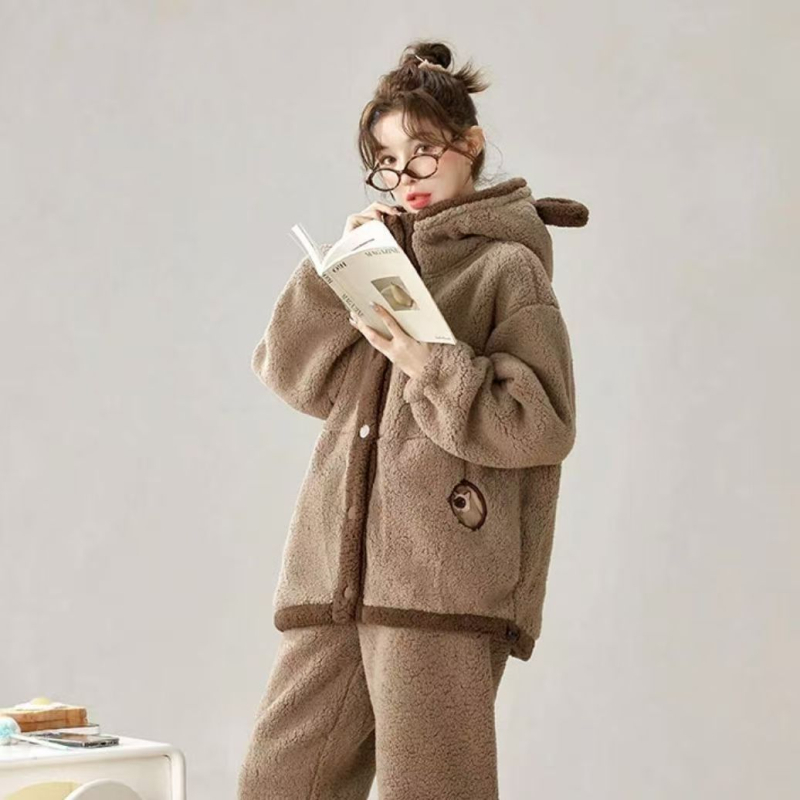 Ženske pidžame s kapuljom, fleece podstava, od elastičnog pamuka, ekstra debeli, dugi rukavi, zimska toplina