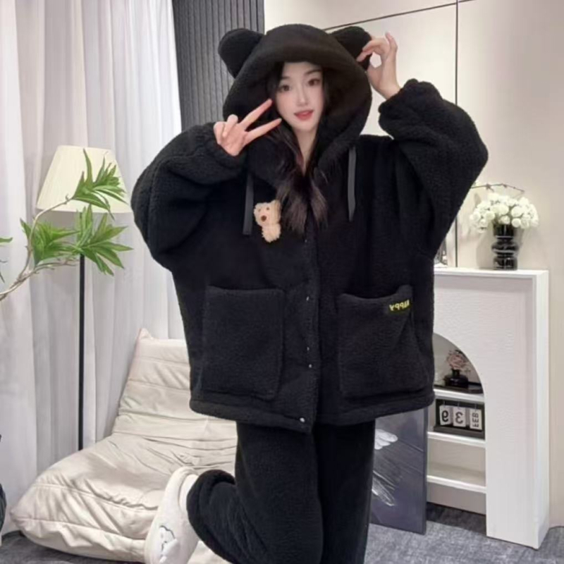 Ženske pidžame s kapuljom, fleece podstava, od elastičnog pamuka, ekstra debeli, dugi rukavi, zimska toplina