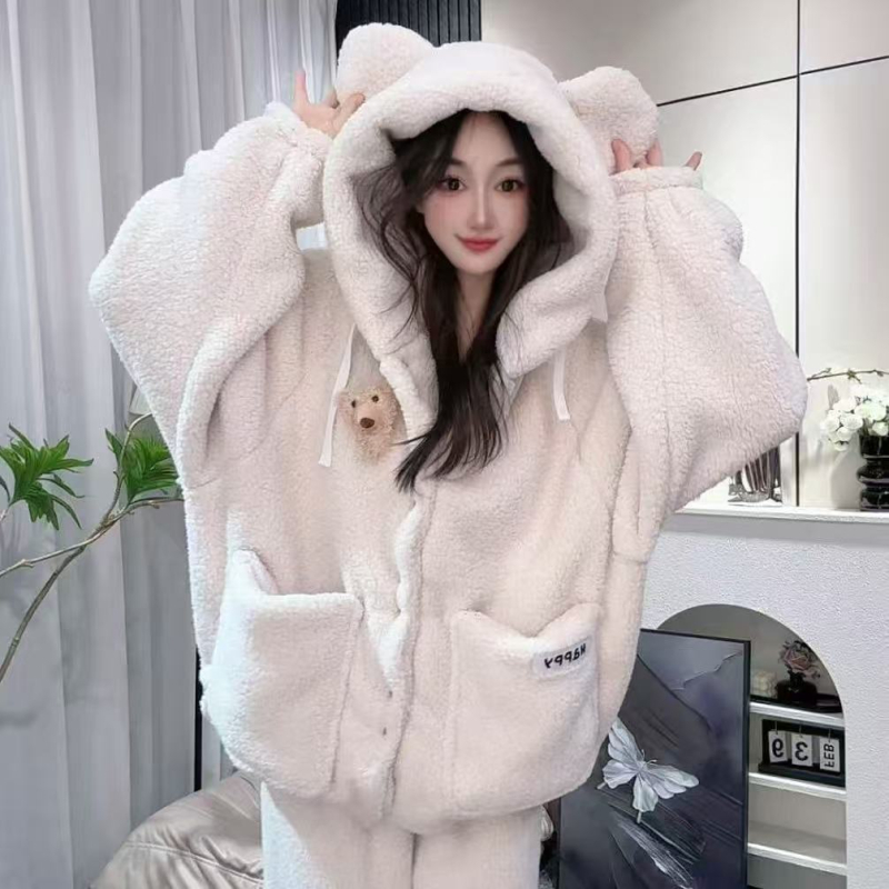 Ženske pidžame s kapuljom, fleece podstava, od elastičnog pamuka, ekstra debeli, dugi rukavi, zimska toplina