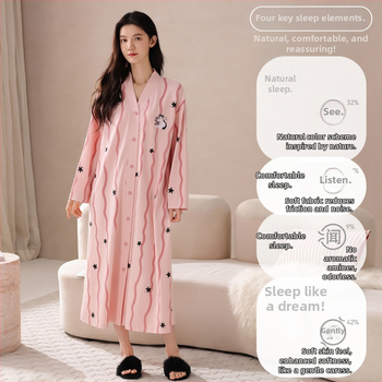 Sieviešu garā naktskleita no kokvilnas, kardigan stila, garas piedurknes, V-veida kakls, garš siluets, piemērots pavasarim un rudenim