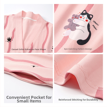 Sieviešu garā naktskleita no kokvilnas, kardigan stila, garas piedurknes, V-veida kakls, garš siluets, piemērots pavasarim un rudenim