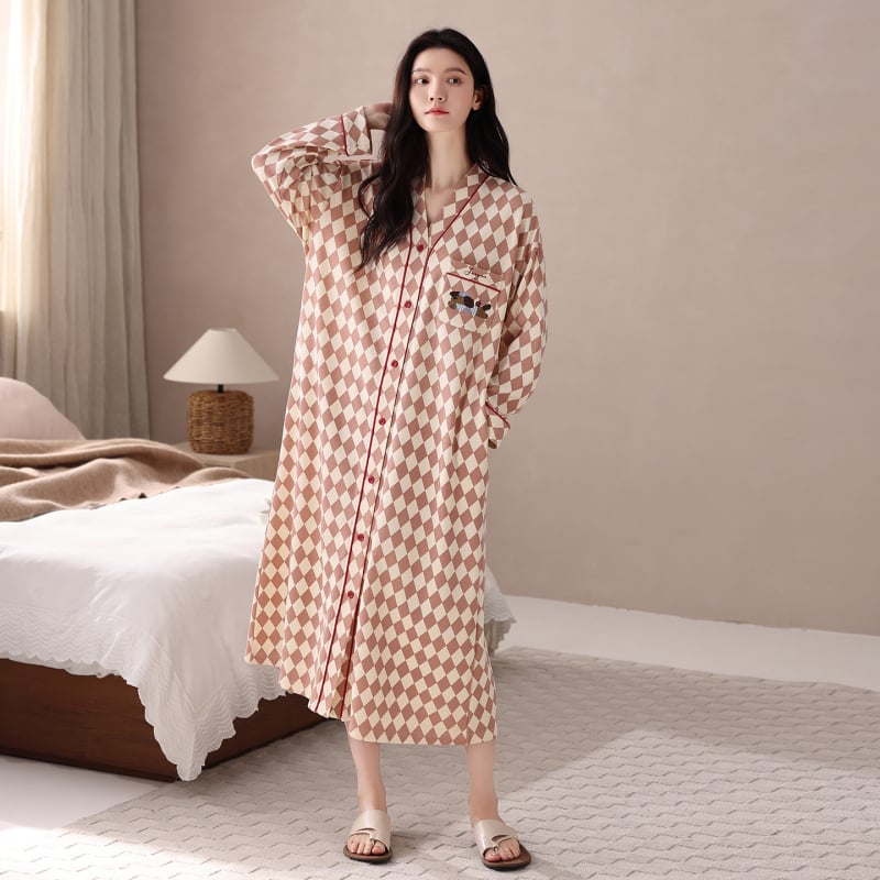 Sieviešu garā naktskleita no kokvilnas, kardigan stila, garas piedurknes, V-veida kakls, garš siluets, piemērots pavasarim un rudenim