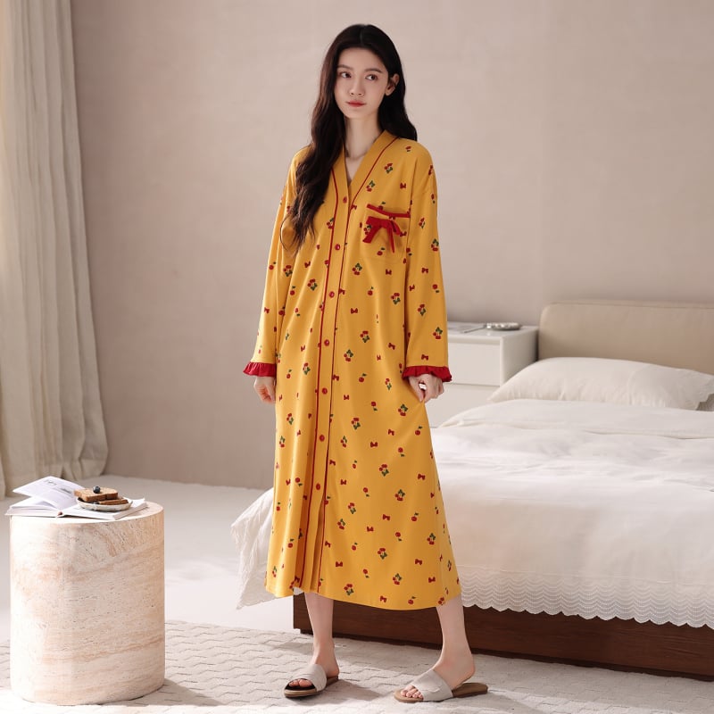 Sieviešu garā naktskleita no kokvilnas, kardigan stila, garas piedurknes, V-veida kakls, garš siluets, piemērots pavasarim un rudenim