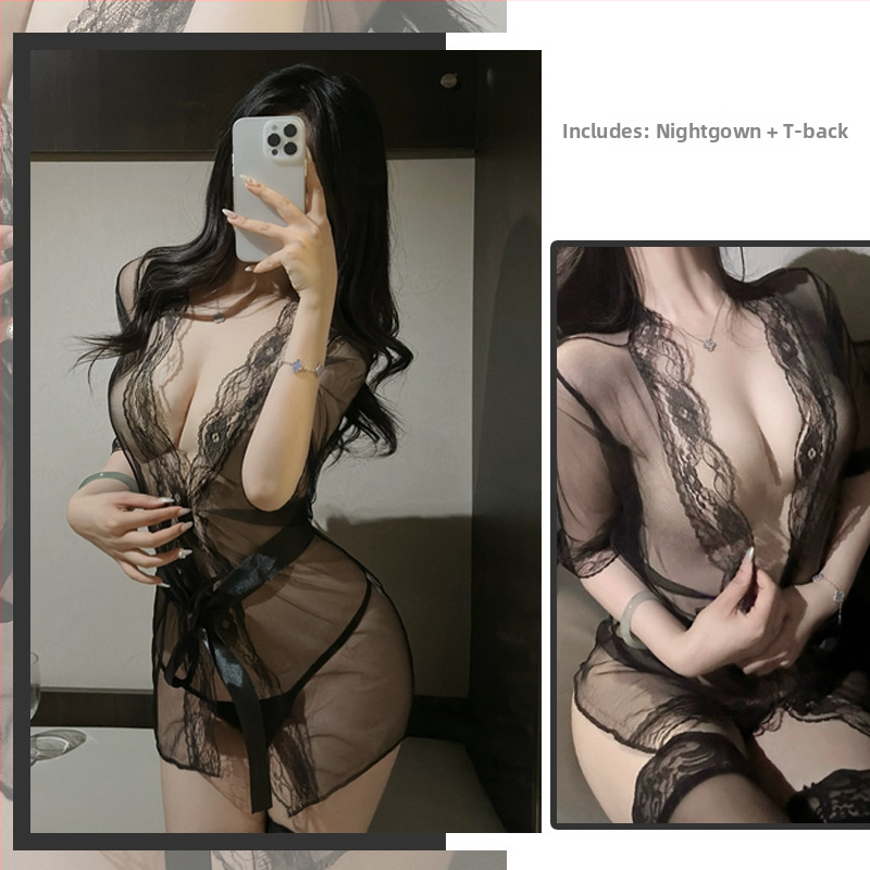 Csipkés, áttetsző hálóing szett kötéssel nőknek, poliészter anyag, 95–100% poliészter