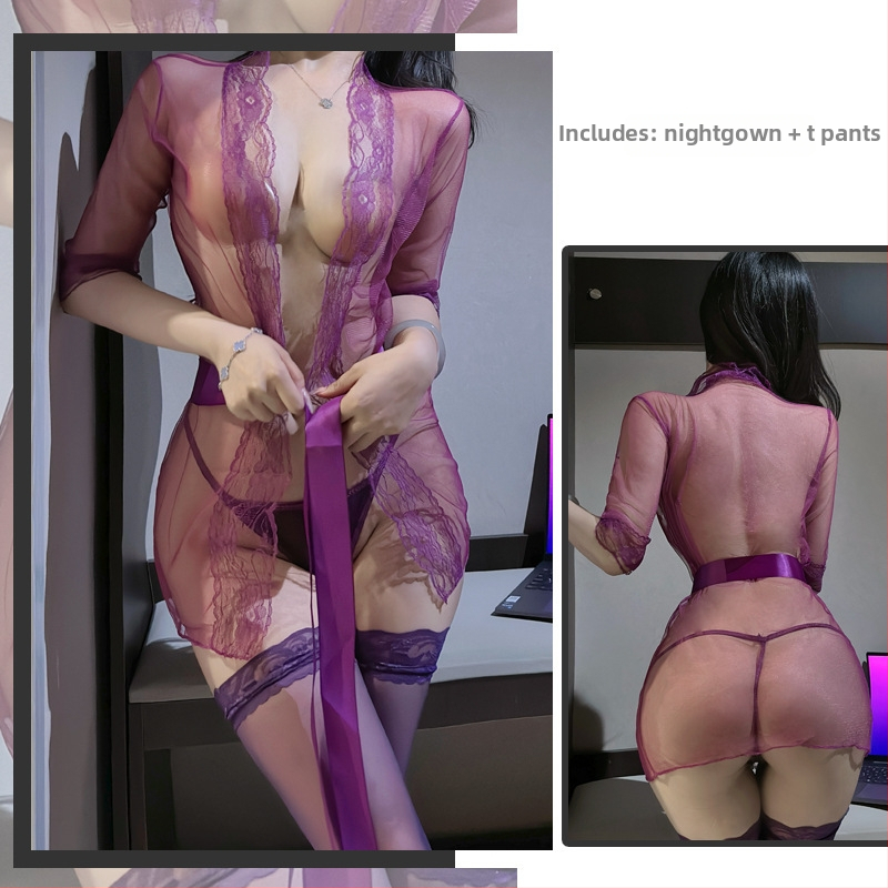 Csipkés, áttetsző hálóing szett kötéssel nőknek, poliészter anyag, 95–100% poliészter