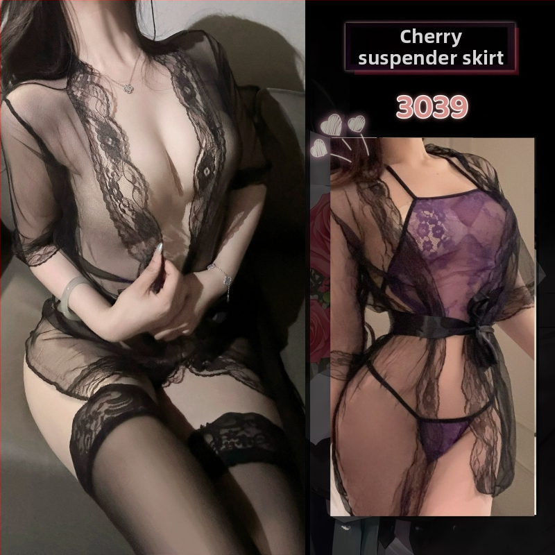 Csipkés, áttetsző hálóing szett kötéssel nőknek, poliészter anyag, 95–100% poliészter